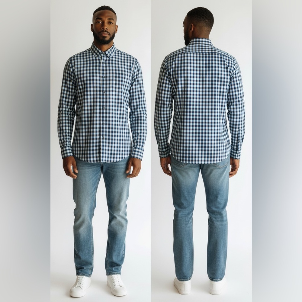 Express Navy and White Plaid Button Down Shirt- fitted LG 16-16.5